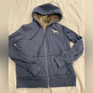 Victorias Secret Pink Vintage Fur lined zip-up Size M Women’s Navy w/ Sequins
